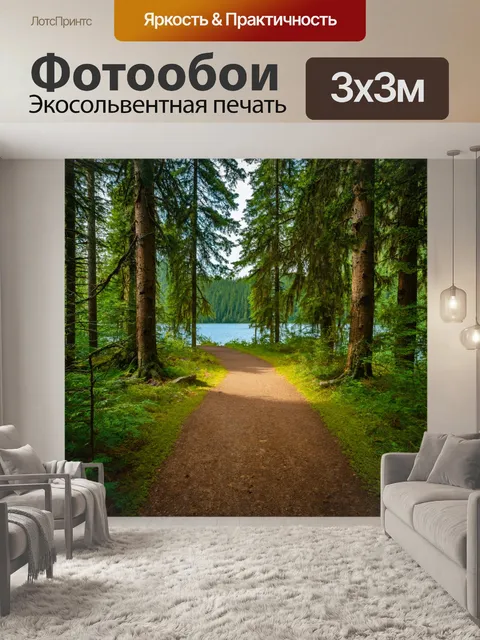 Фотообои лес с уютными тропинками, ведущими к озеру