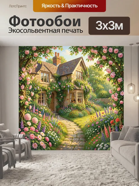 Фотообои Садовый домик среди цветущих клумб