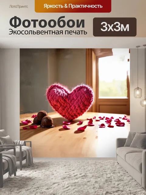 Фотообои вязаное сердечко из яркой шерсти, выполненное в технике амигуруми, располагается на светлом деревенском столе