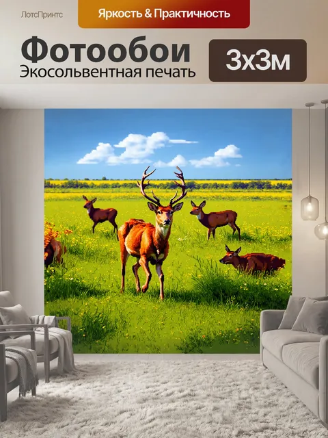 Фотообои в обширном пастбище, красный олень весело гуляет среди оленей, стадо которых окружает его