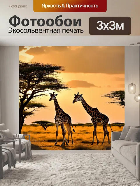 Фотообои с жирафами, гуляющими по африканскому саванне на закате, с яркими красками неба и солнечными лучами…