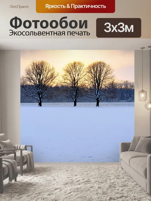 Фотообои поле, покрытое снежным покровом, с пустыми деревьями, выступающими как силуэты на фоне яркого зимнего неба