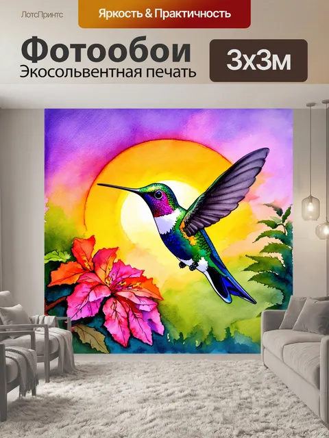 Фотообои колибри на фоне заката, где играют всеми возможными цветами