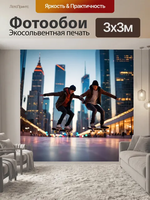 Фотообои город в стиле боке, парящие небоскребы с огнями, эффектный контраст света и тени, динамичные скейтеры на…