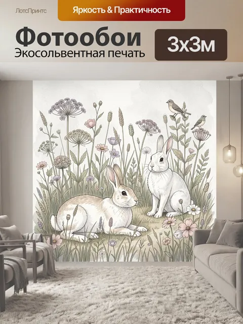Фотообои Два кролика среди полевых цветов