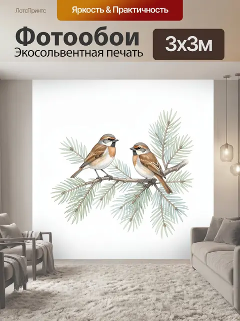 Фотообои Две птицы на хвойной ветке