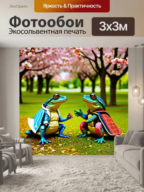 Фотообои лягушка и черепаха, костюмированные в старинные наряды, ведут беседу о искусстве в парке среди цветущих…