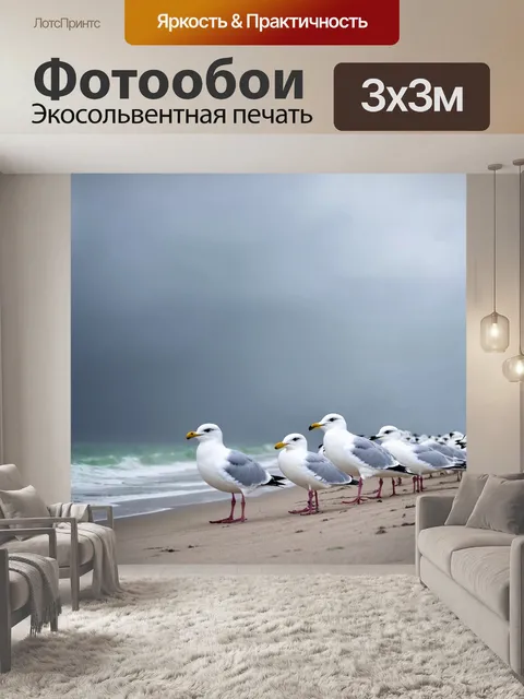 Фотообои группировка чайок на берегу во время шторма