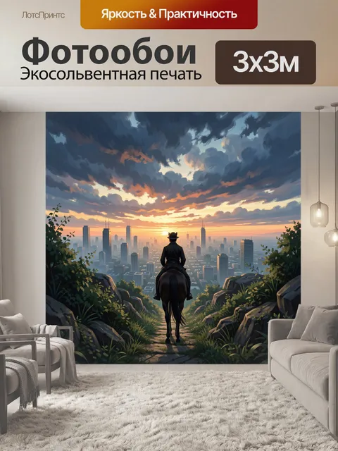Фотообои Всадник над городом на закате