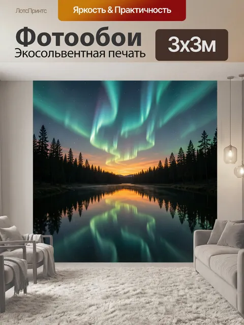 Фотообои Северное сияние над лесным озером