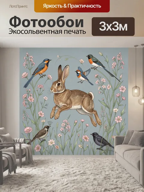 Фотообои Заяц и птицы среди цветов