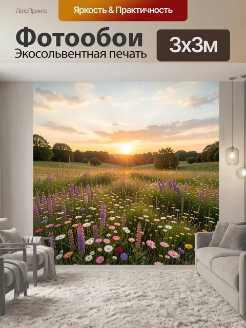 Фотообои Цветущий луг на закате