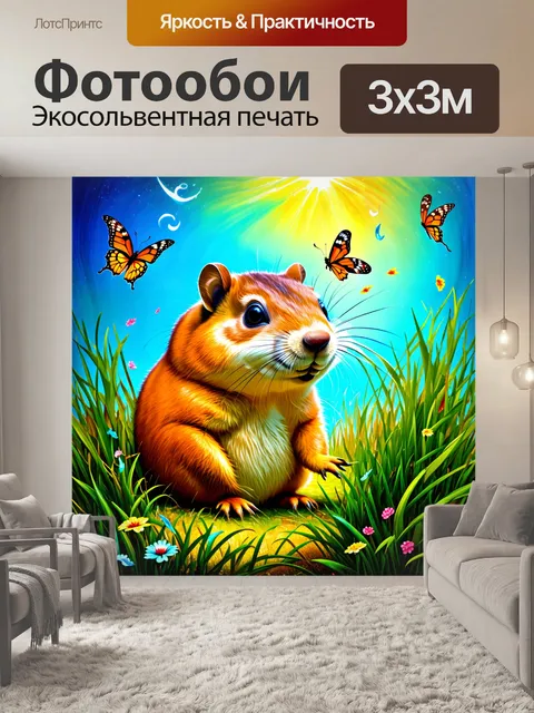 Фотообои суслик, притаившийся в траве, в воздухе кружат бабочки и цветы