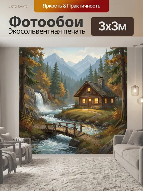 Фотообои Лесная хижина у горной реки
