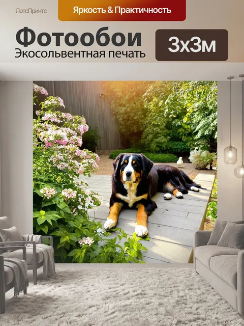 Фотообои уютный дворик с бернским зенненхундом, лежащим на террасе, окруженном цветущими растениями