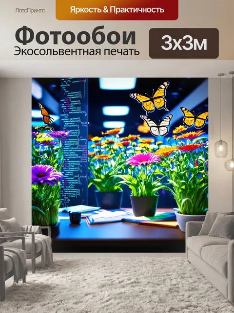 Фотообои виртуальный офис с кодом, из которого растут цветы, окруженные цифровыми бабочками, стиль волшебной реальности