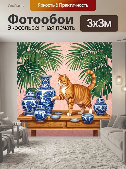 Фотообои Рыжий кот с фарфоровыми вазами