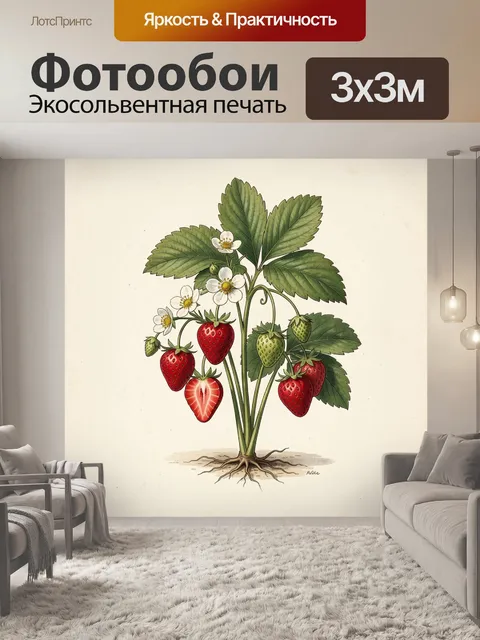 Фотообои Клубника с цветками и листьями