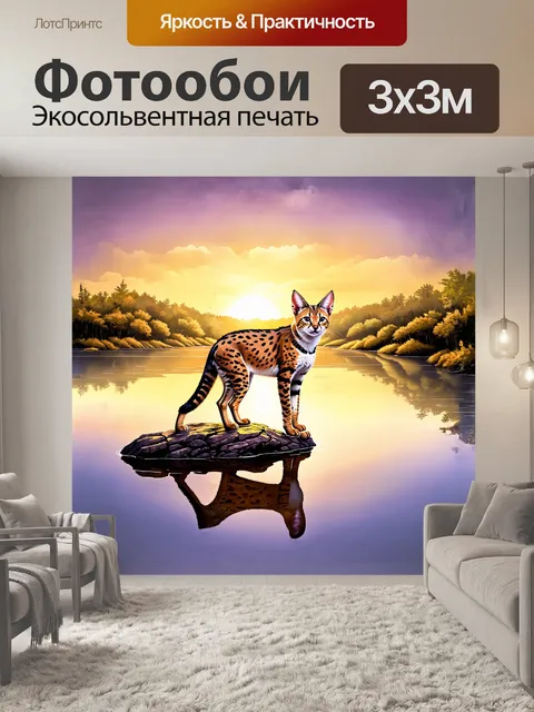 Фотообои сервал, элегантный и величественный, стоит на скале, окружаемой яркими закатными красками, отразившимися на…