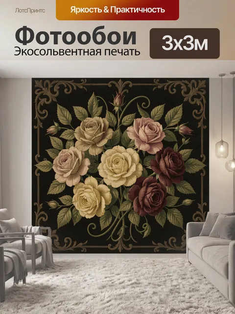 Фотообои Букет роз в винтажном орнаменте