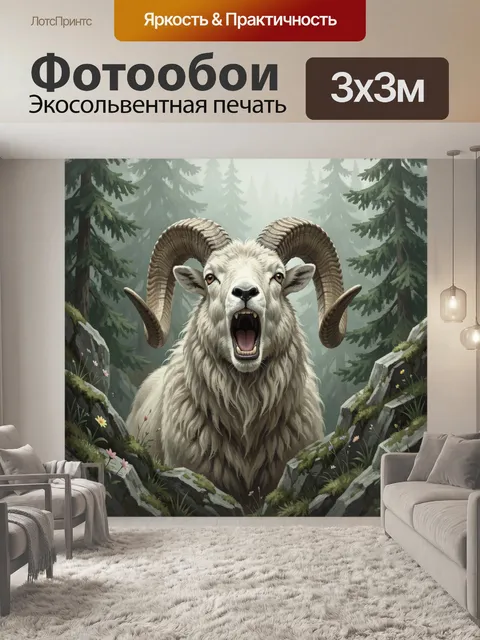 Фотообои Белый баран с рогами в лесу