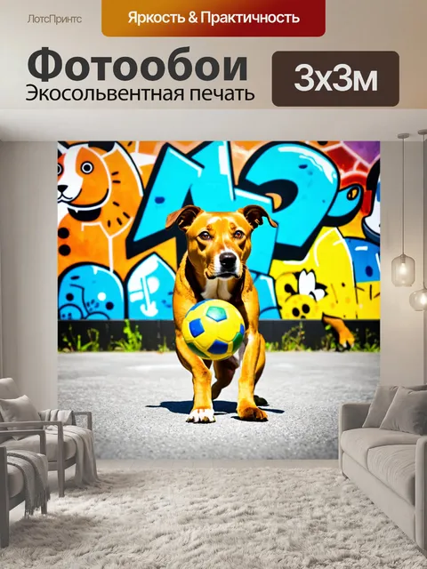 Фотообои животные в стиле граффити: яркая собака, играющая с мячом, окружённая граффити с изображением других животных