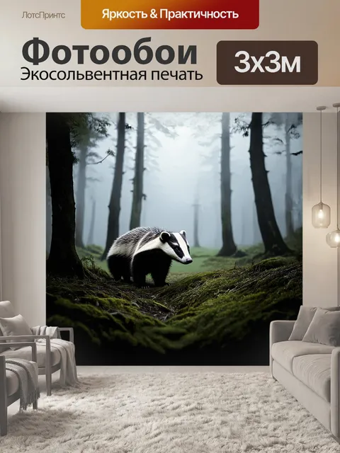 Фотообои в густом тумане, растянувшемся по английскому лесу, появляется силуэт барсука, который тихо исследует свою…
