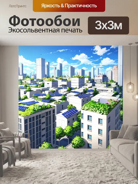 Фотообои город в стиле манга, в котором природа и технологии гармонично взаимодействуют, с растительностью на крышах…