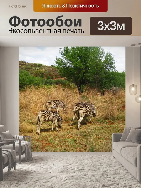 Фотообои зебра в высокой траве с деревом