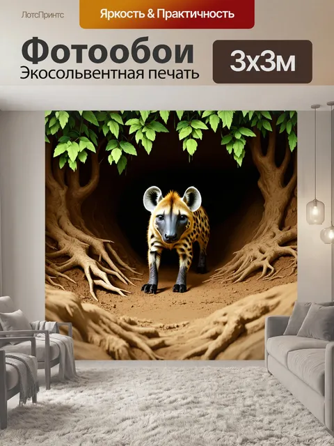 Фотообои гиена, живущая в норе в земле, окруженной корнями деревьев и высокой травой, под землей
