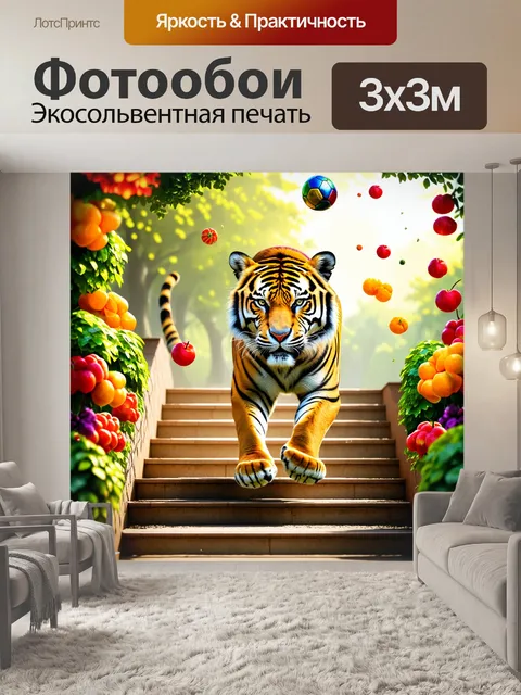 Фотообои энергичный тигр, спускающийся по лестнице с мячом, его полоски на шерсти переливаются, а вокруг него яркие…
