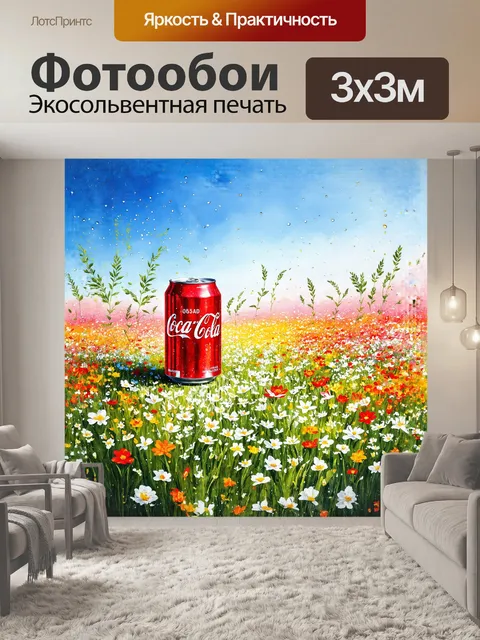 Фотообои банка кока-колы, открытая и сверкающая, лежит на весеннем цветущем поле