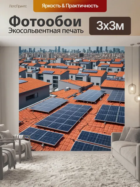 Фотообои город в стиле минимализм, с солнечными панелями на крыше зданий, подчеркивающими экологичность