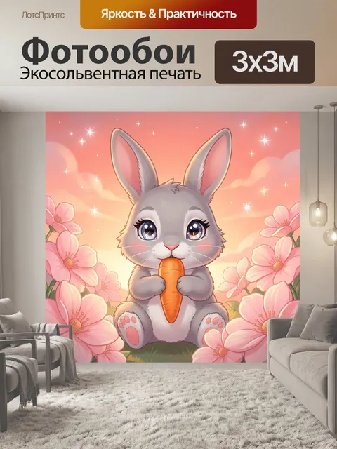 Фотообои Заяц с морковью среди цветов