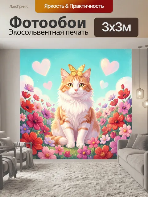 Фотообои Рыжий кот с бабочкой в цветах