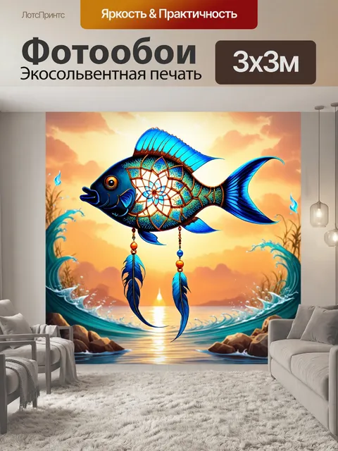 Фотообои ловец снов в виде рыбы, где каждая деталь украшена узорами, напоминающими моря