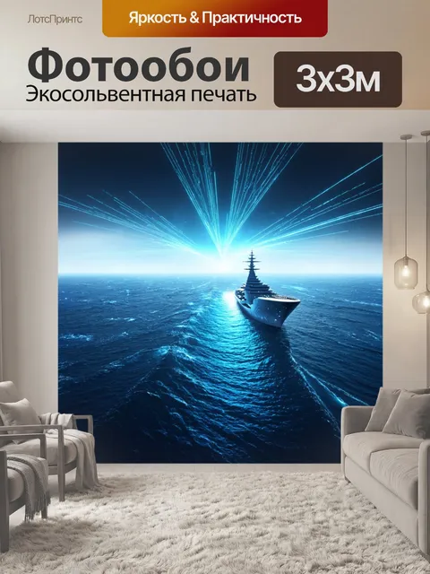 Фотообои море в стиле футуристический, по волнам плывут лазерные корабли