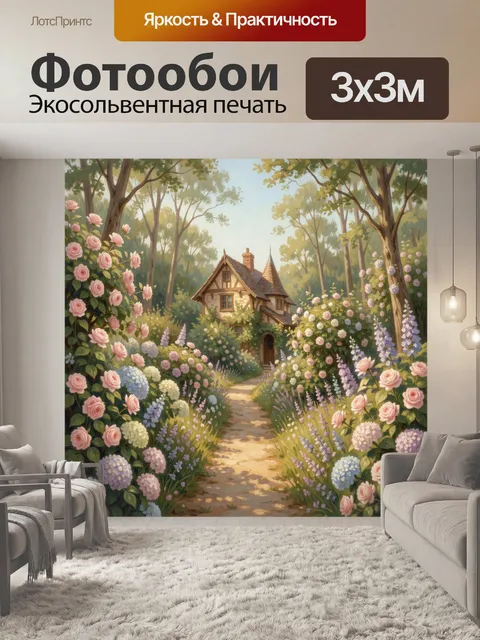Фотообои Сказочный домик в цветущем саду
