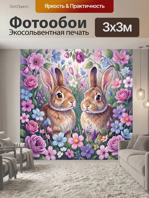 Фотообои Два зайца среди цветочного сада