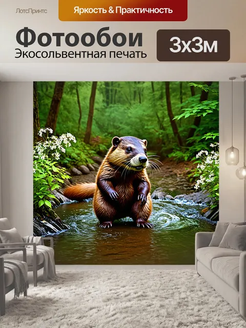 Фотообои бобр строит плотину в лесном ручье, окруженном зелеными деревьями и цветущими растениями