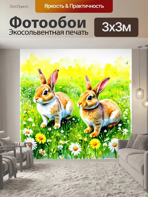 Фотообои животные в стиле декоративная акварель: милые зайцы, прыгающие по луговым цветам