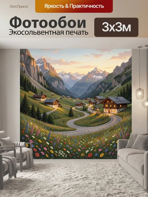 Фотообои Горная деревня в цветущей долине