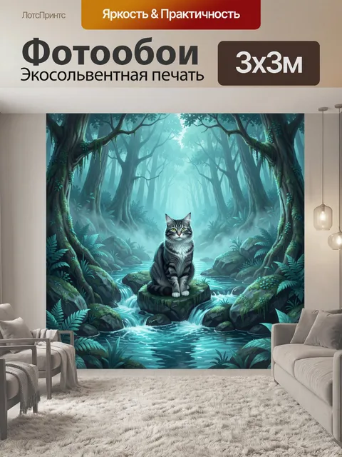 Фотообои Полосатый кот у лесного ручья
