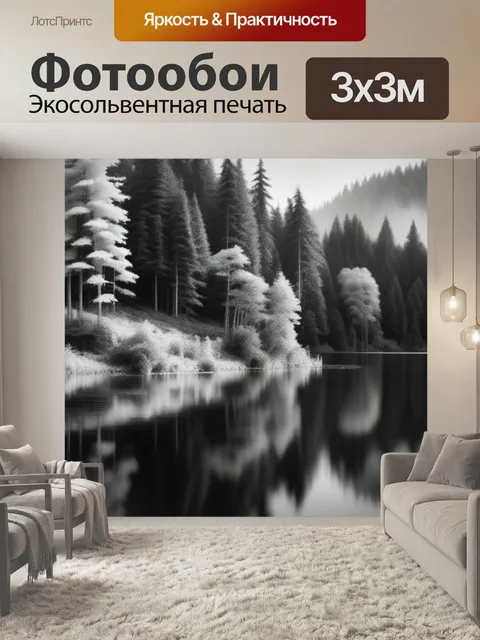 Фотообои пейзаж с лесным озером чернобелый
