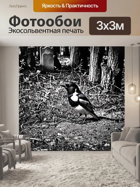 Фотообои сорока, сидящая на могиле в старом, заброшенном кладбище, окружённом дремучими деревьями