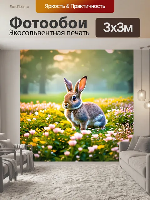 Фотообои животные в стиле боке, кролики в цветущем саду, утренний туман и мягкие цвета