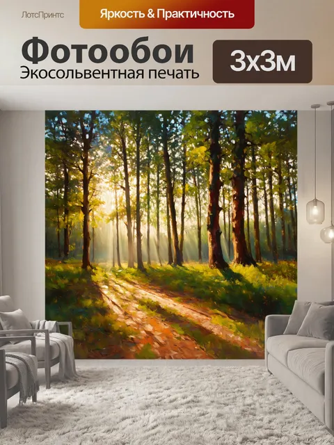 Фотообои тихий летний вечер в лесу, когда лучи света проходят сквозь деревья, создавая узоры на земле