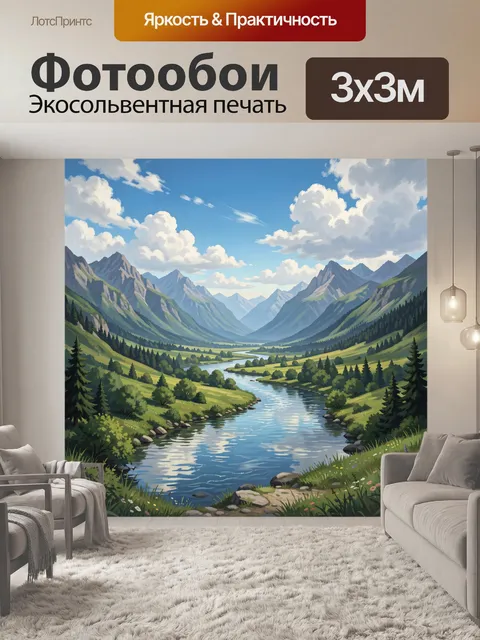 Фотообои Горная долина с рекой и лесом