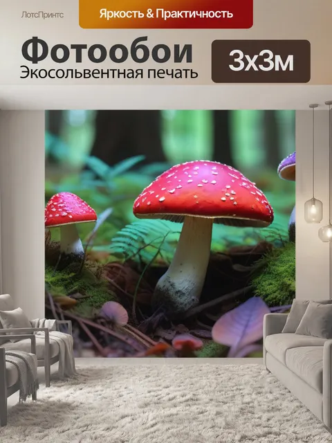 Фотообои лес с множеством разноцветных грибов