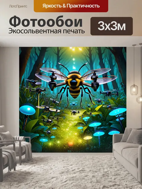 Фотообои изображение трутня, который взаимодействует с множеством беспилотников в лесном окружении, с…